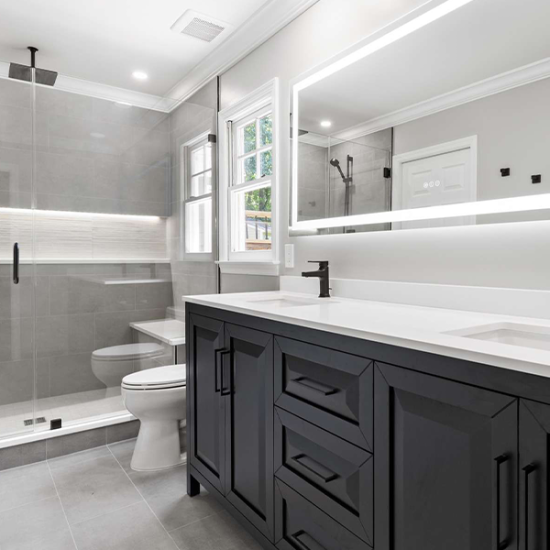 Modern bathroom with sleek design.